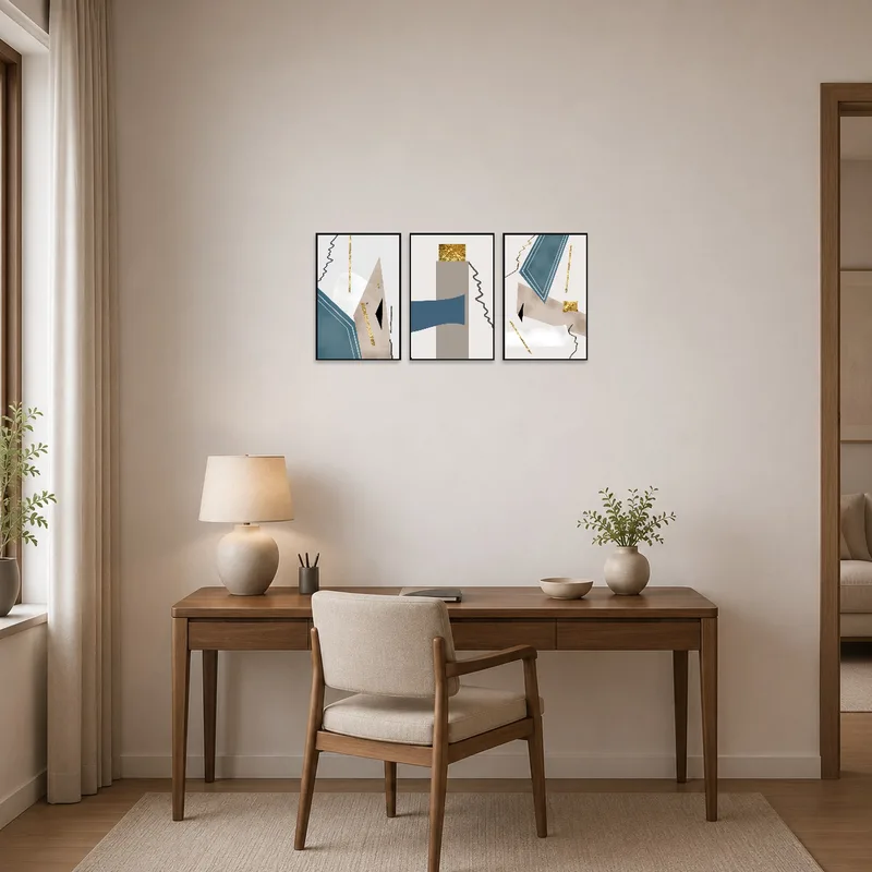 Home office wall displaying abstract geometric art with gold elements.