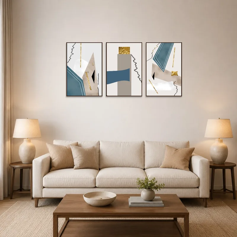 Abstract geometric triptych with gold accents on a living room wall.