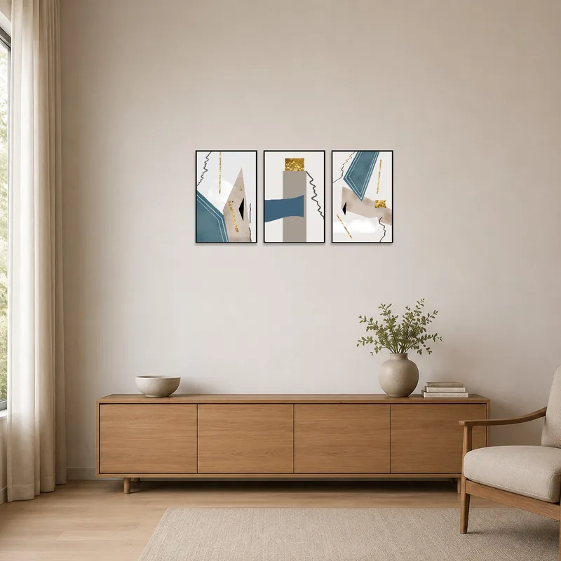 Minimalist room featuring abstract geometric art with gold details.