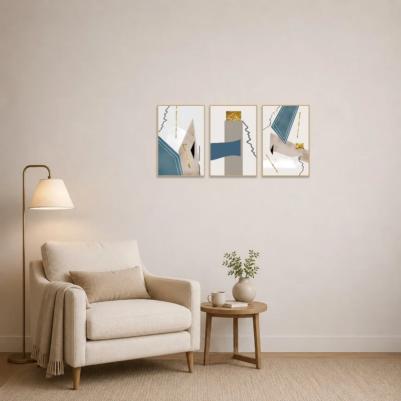 Reading corner adorned with geometric abstract art with gold highlights.