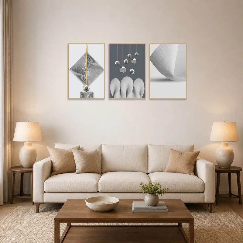 Abstract geometric triptych with metallic accents on a living room wall above a modern sofa.