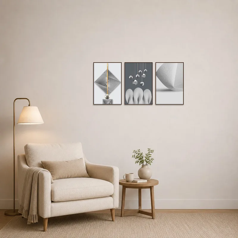 Abstract geometric artwork with metallic accents displayed in a cozy reading corner.