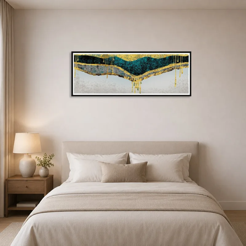 Teal and gold waves create a calming vibe next to the bed in a chic bedroom.