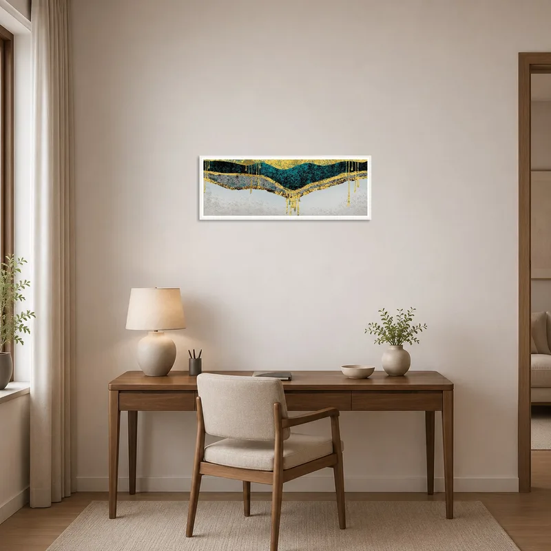 Abstract geometric waves piece adds creativity to a contemporary home office.