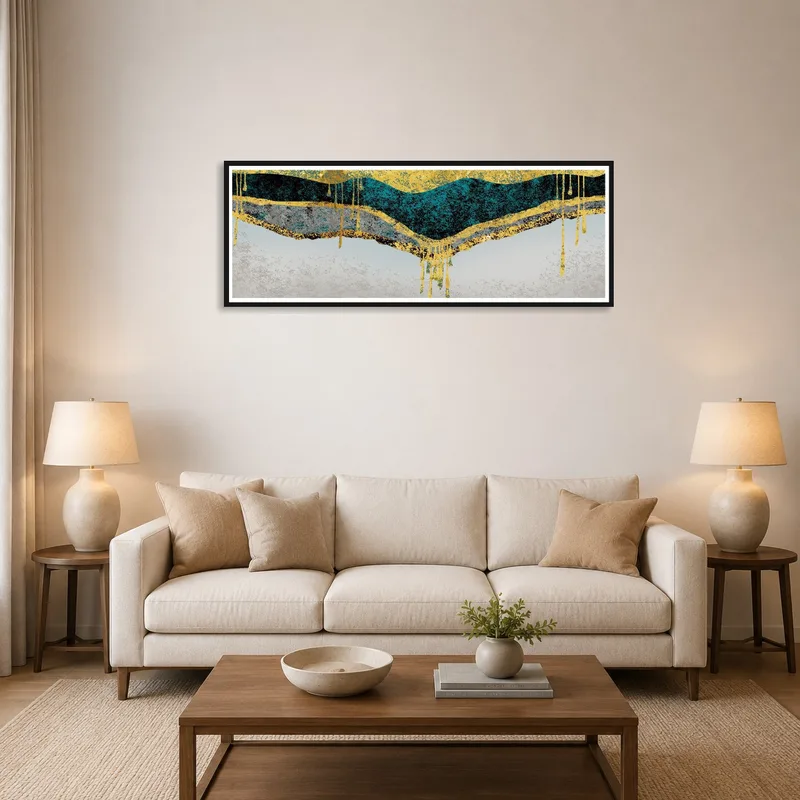 Teal and gold geometric waves hanging above a modern living room sofa.