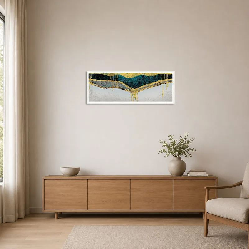 Abstract geometric waves in a teal and gold palette adorn a minimalist space.