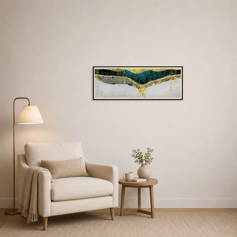 Geometric waves artwork brings a pop of color to a serene reading corner.