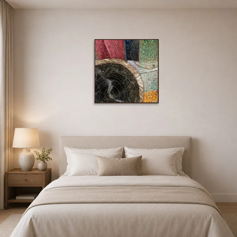 Geometric wood grain art setting a serene tone in the bedroom.