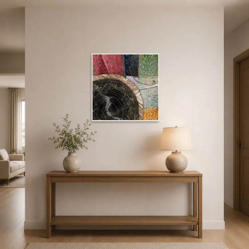 Bold wood grain geometric design welcoming guests in the entrance hall.