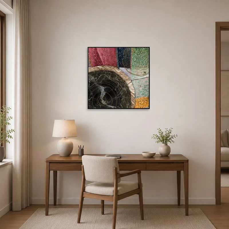 Inspiring geometric wood grain design featured in a home office setting.