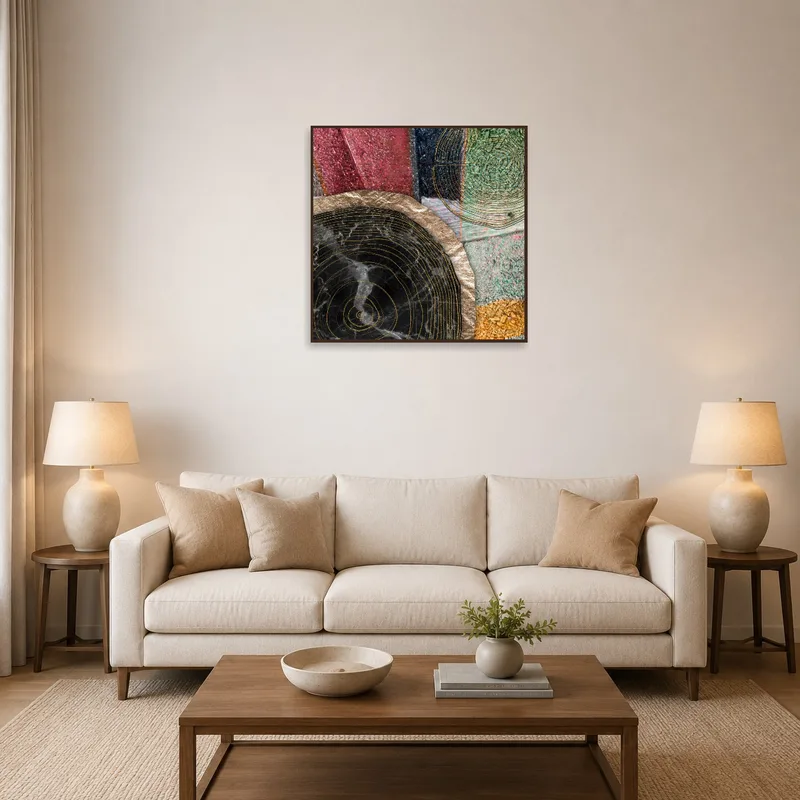 Geometric wood grain art hanging above a modern sofa in the living room.
