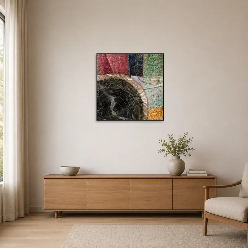 Sleek geometric wood grain art on a white wall in a minimalist space.