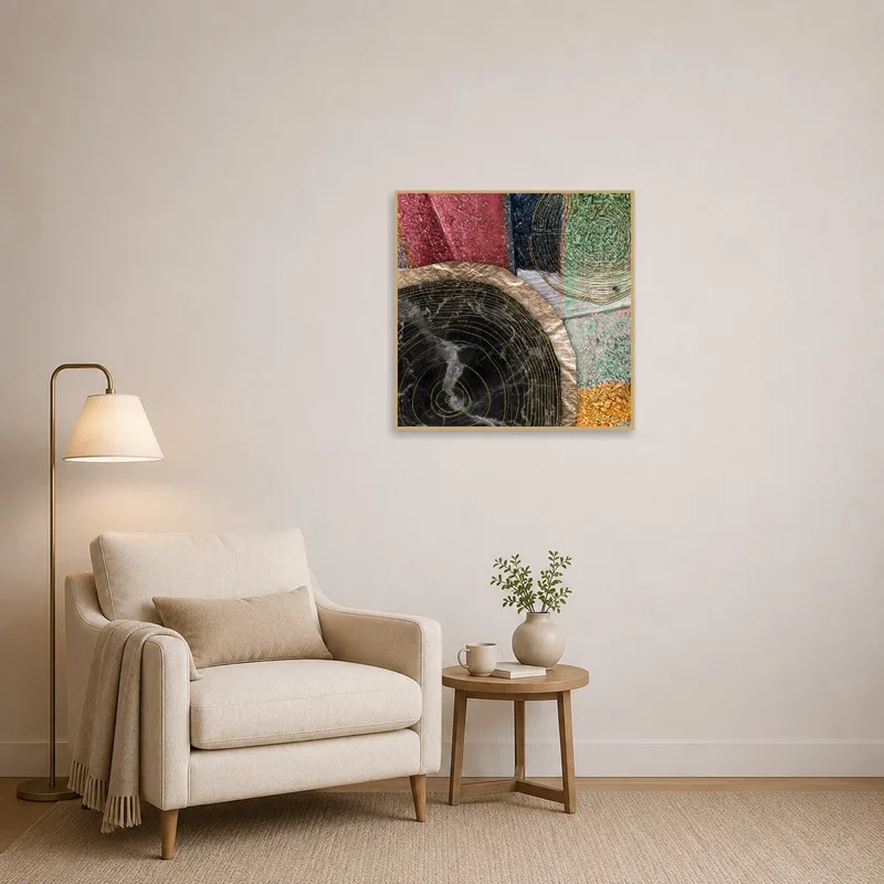 Cozy reading corner with geometric wood grain artwork adding texture.