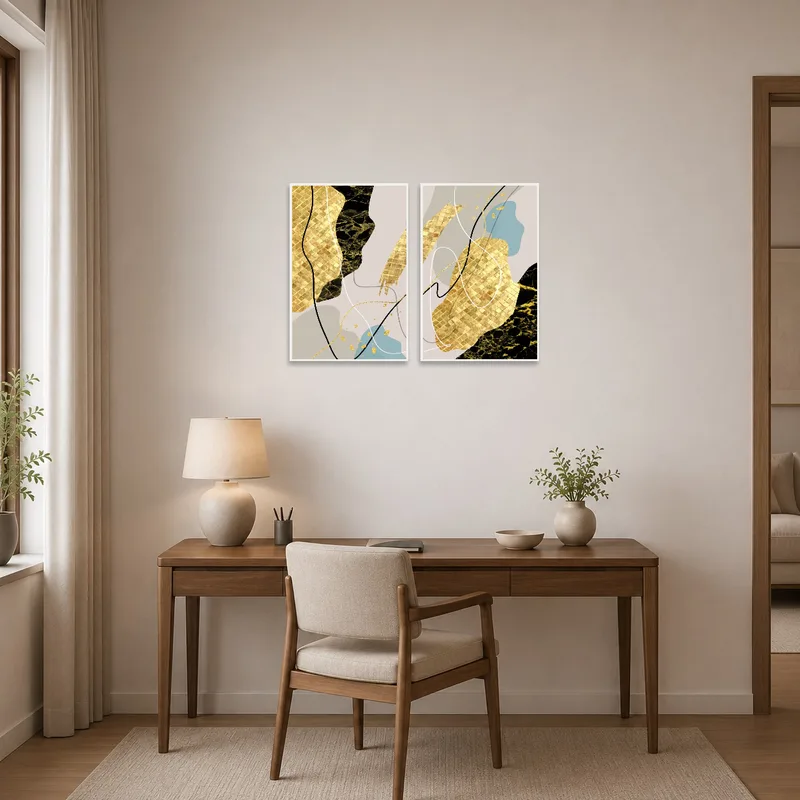 Stylish abstract gold and black art inspiring creativity in a chic home office.