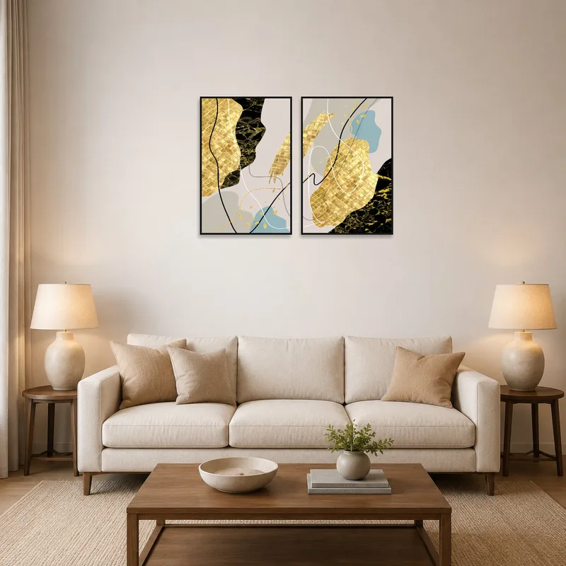 Large abstract gold and black art set on a living room wall with modern furniture.