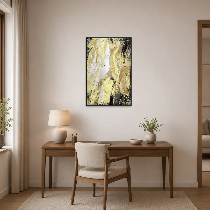 Gold and black textured artwork enhancing a focused home office atmosphere.