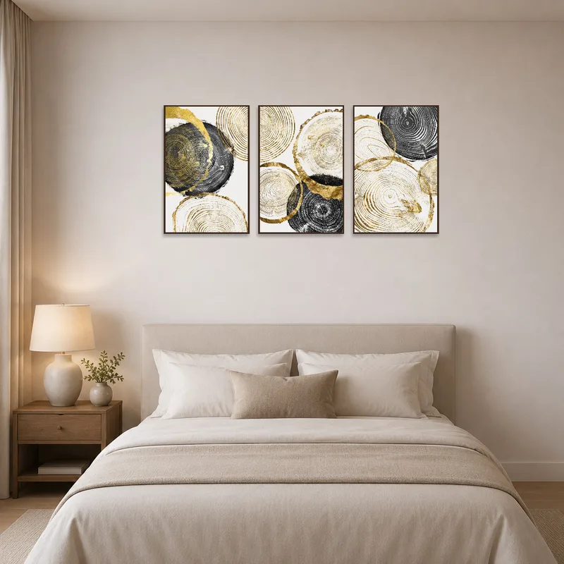Bedroom wall adorned with abstract gold and black triptych of tree rings.