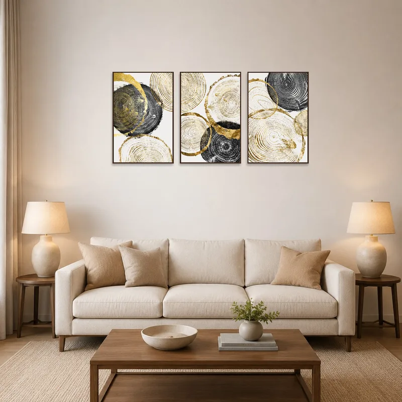 Abstract gold and black triptych featuring tree rings on a living room wall above a modern sofa.