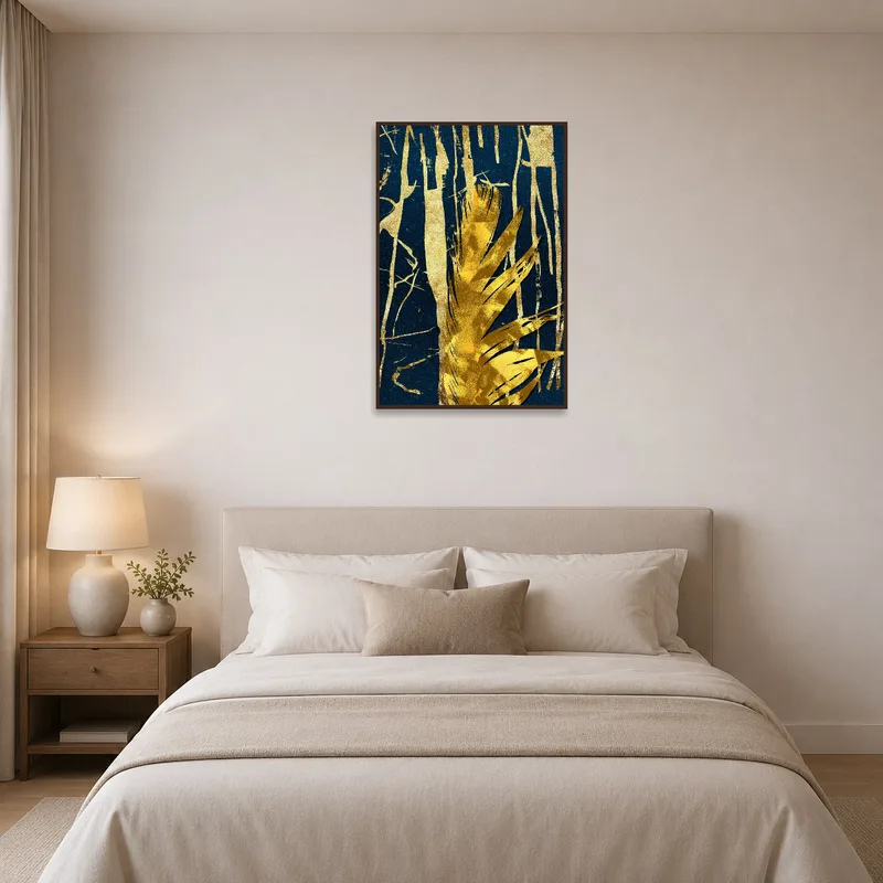 Bedroom adorned with an abstract gold and blue textured art print.