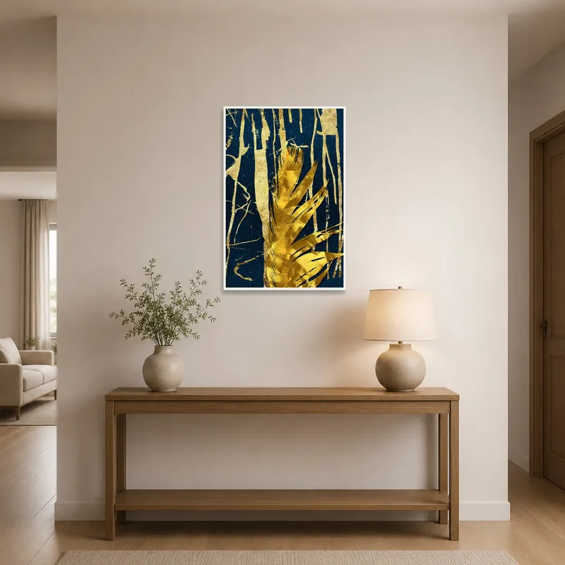 Entrance hall featuring a striking gold and blue textured art print.