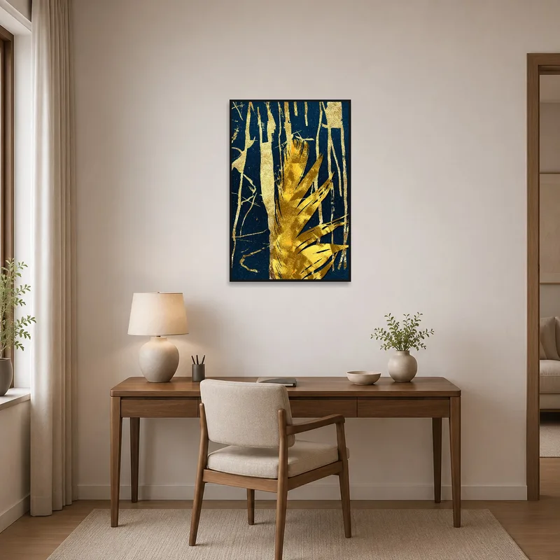 Home office accented by a sophisticated gold and blue textured art piece.