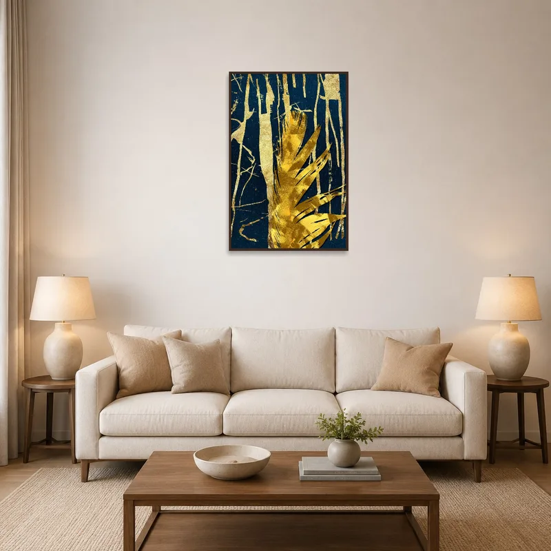 Gold and blue textured art print adds elegance to a living room wall.