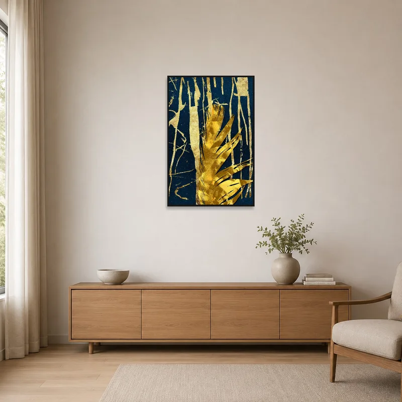 Minimalist room with abstract gold and blue textured art adding a touch of luxury.