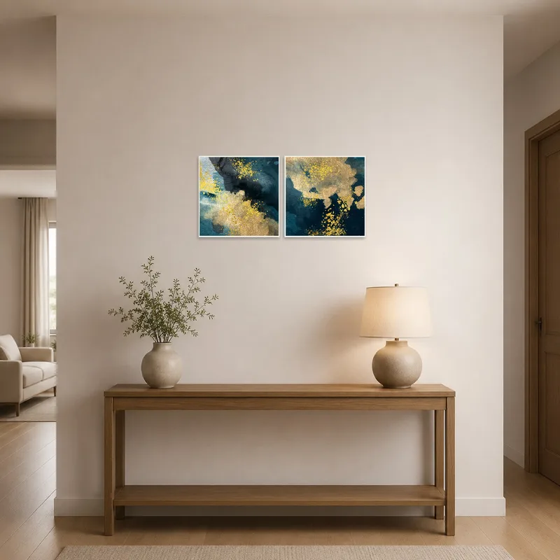 Entrance hall featuring abstract art with gold and blue texture for a warm welcome.