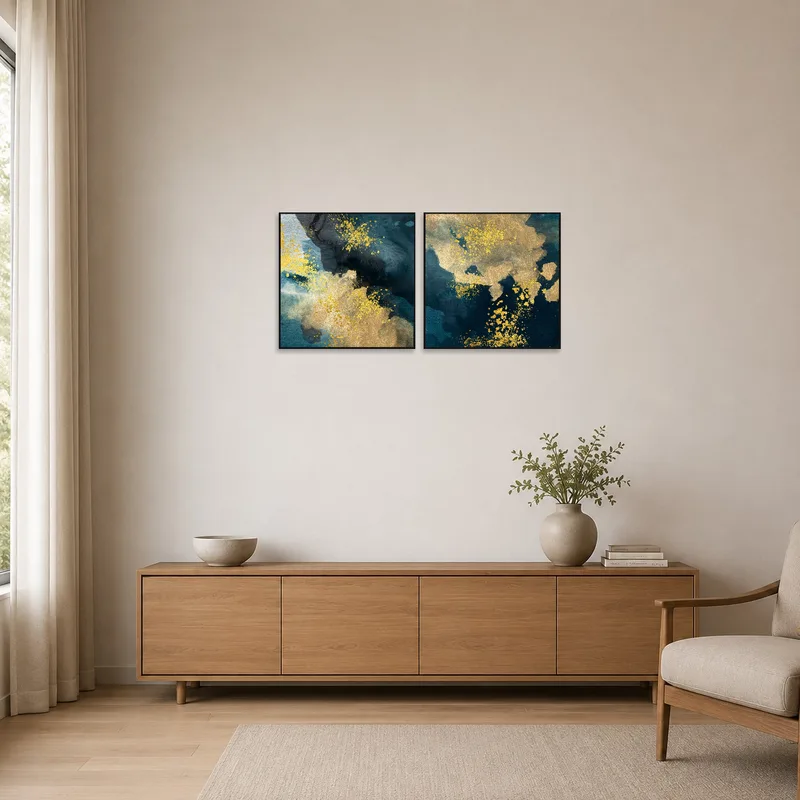 Minimalist room with gold and blue abstract art adding a touch of color.