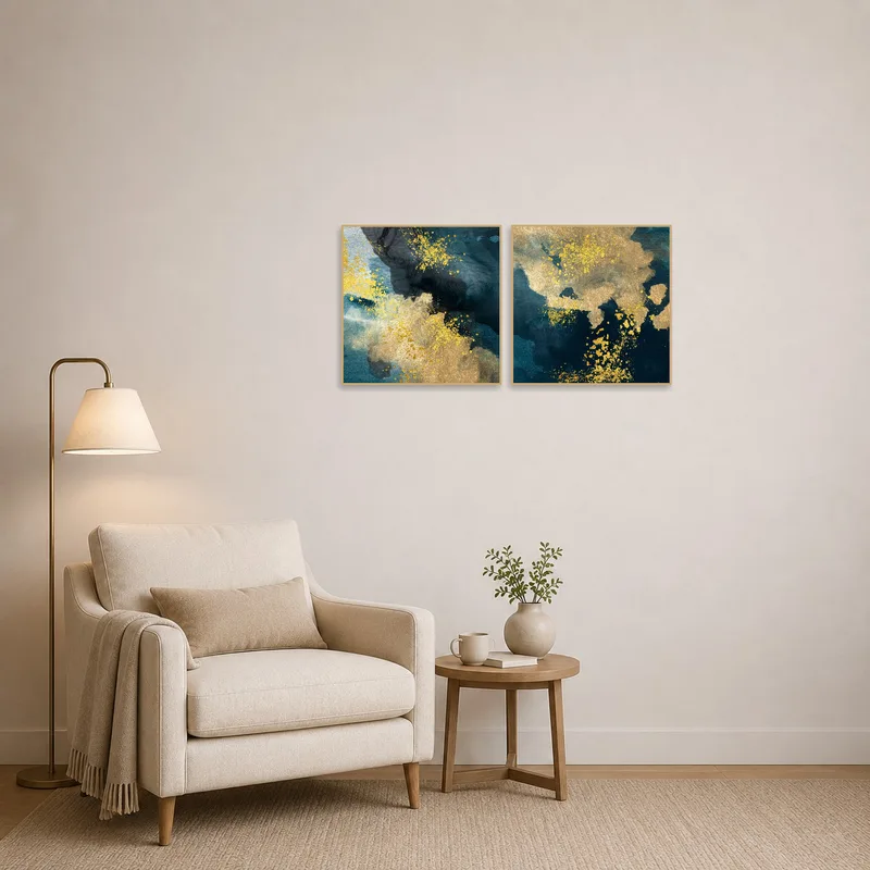 Reading corner adorned with gold and blue textured art set for a calming vibe.