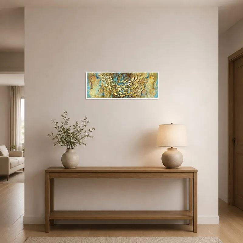 Striking gold and blue art piece welcoming guests in an entrance hall.