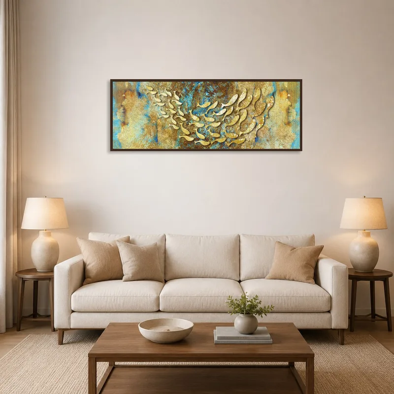 Panoramic art with gold and blue hues above a modern living room sofa.
