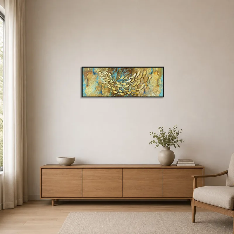 Textured gold and blue artwork in a minimalist room with sleek furniture.