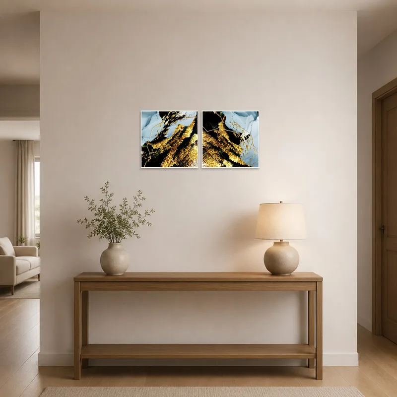 Stunning abstract gold and blue textures greet guests in an entrance hall.