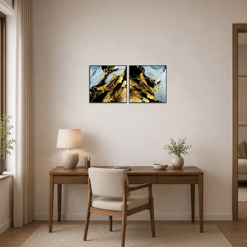 Home office enlivened by abstract gold and blue textured set.