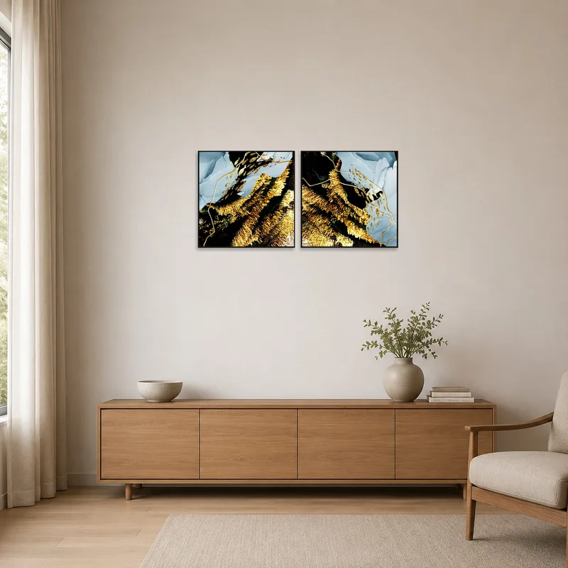 Minimalist space highlighted by abstract gold and blue square set.