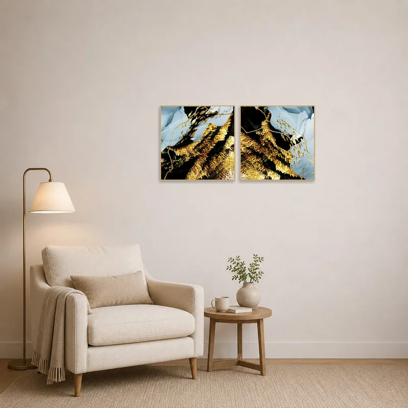 Gold and blue textured squares enhance a cozy reading corner.