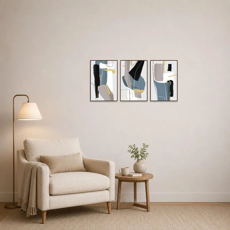 A soothing gold and blue triptych adds elegance to a cozy reading corner.
