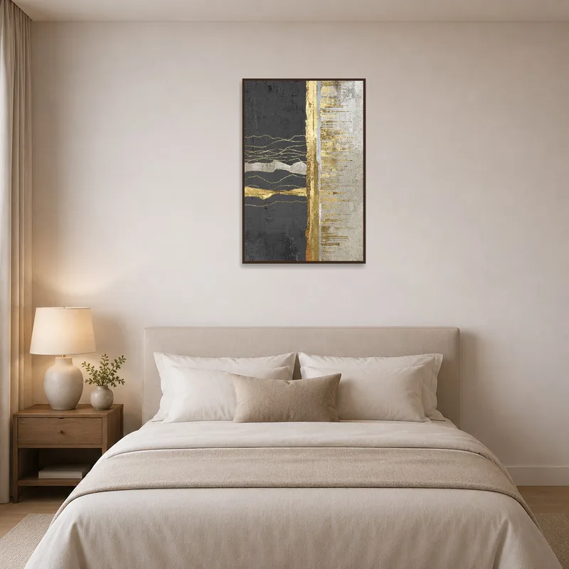 Bedroom featuring a striking vertical abstract art in gold and charcoal hues.