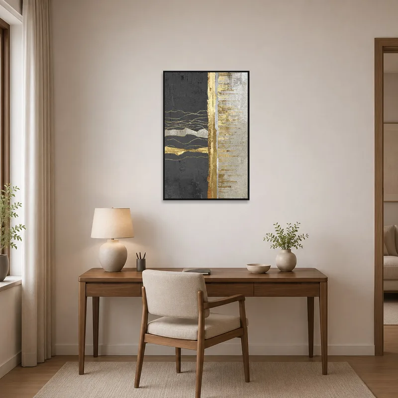 Home office with a sophisticated abstract piece in gold and charcoal.