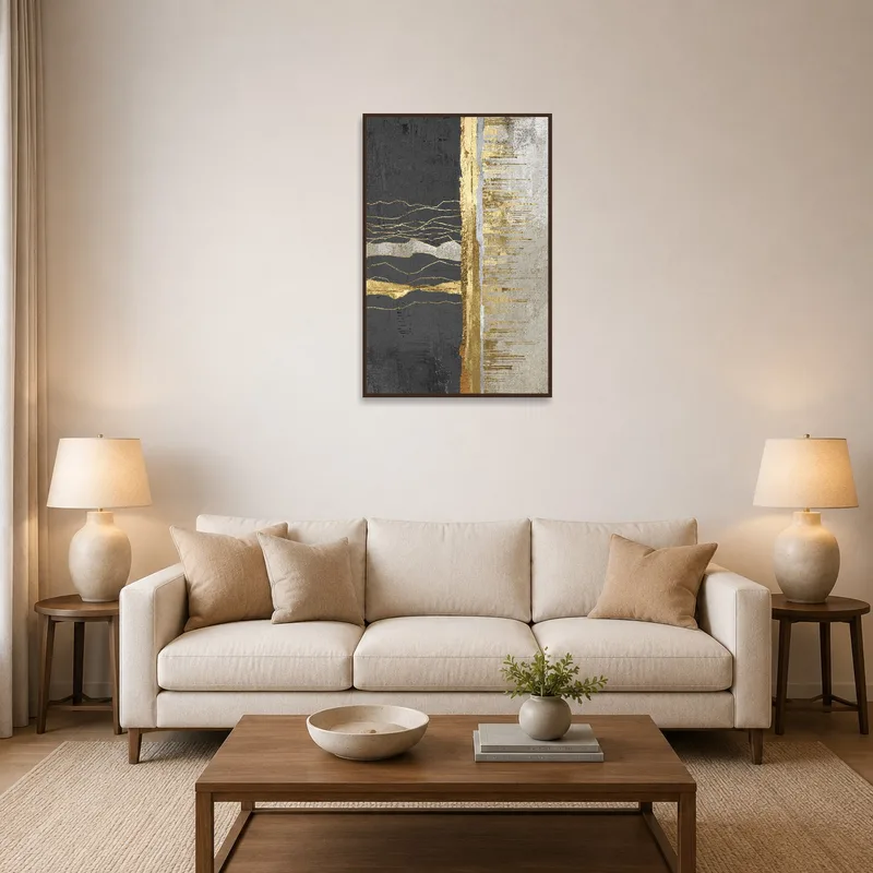 Vertical abstract art with gold and charcoal tones on a living room wall.