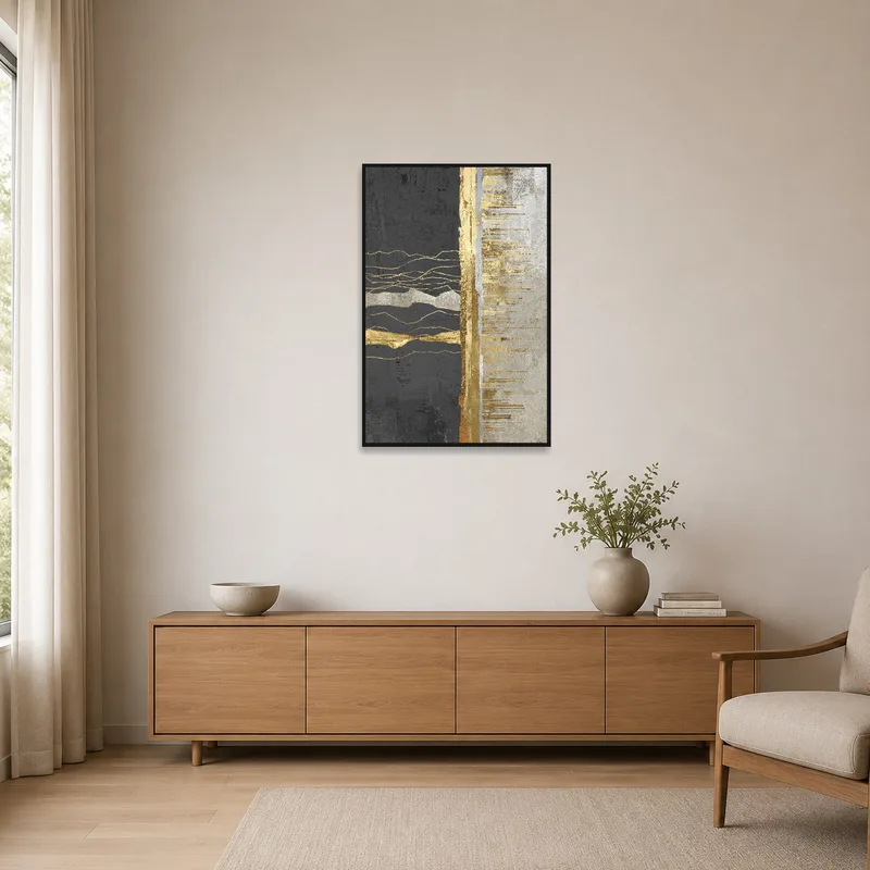 Minimalist room with gold and charcoal abstract art enhancing the space.