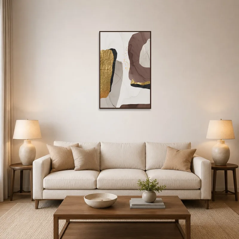 Abstract artwork with gold and earthy tones hangs in a living room with contemporary decor.
