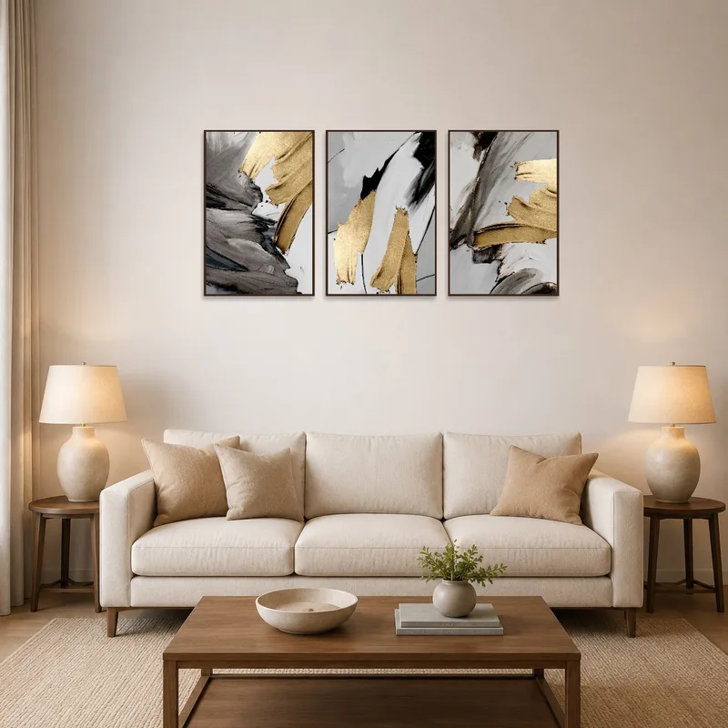 A gold and gray triptych dominates the living-room wall, lending a touch of elegance.