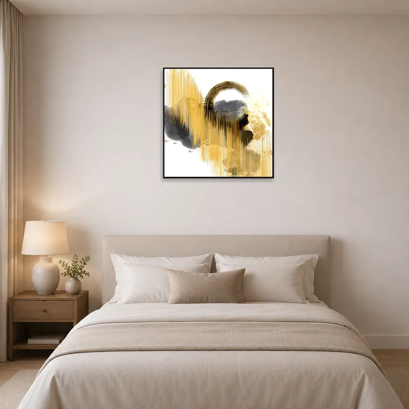 Serene bedroom with abstract gold and gray circle art displayed.