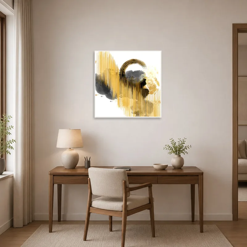 Contemporary home office showcasing abstract gold and gray circle art.