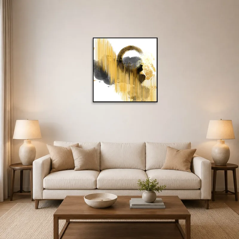 Gold and gray abstract circle art in a stylish living room.
