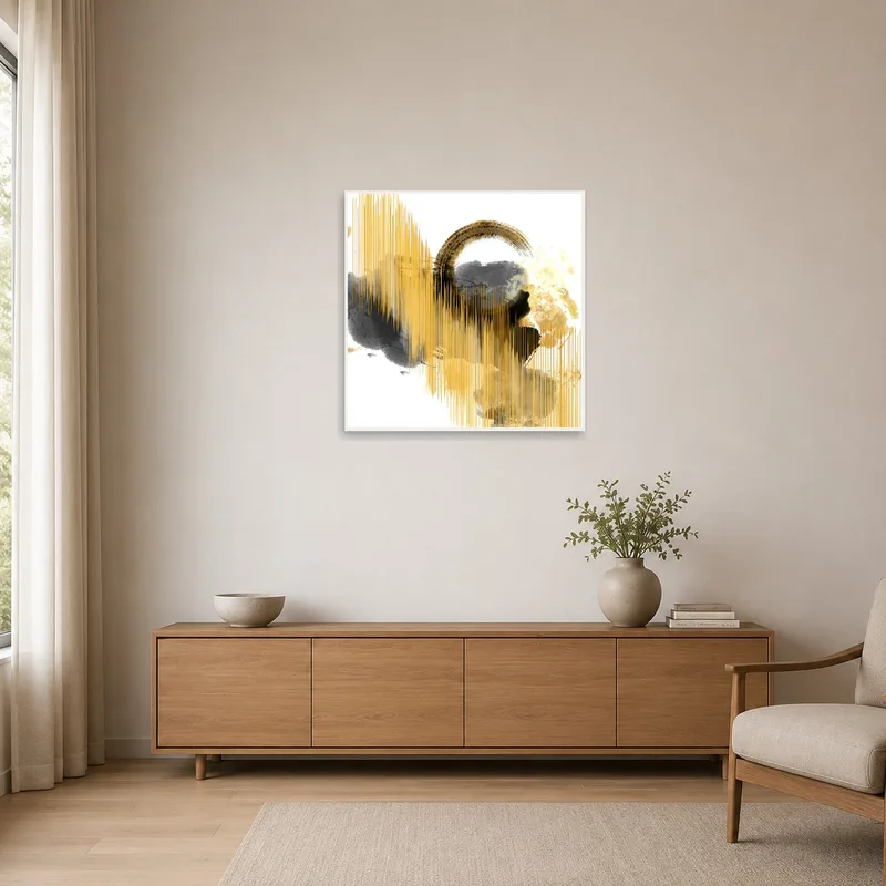 Minimalist room with abstract gold and gray circle art.