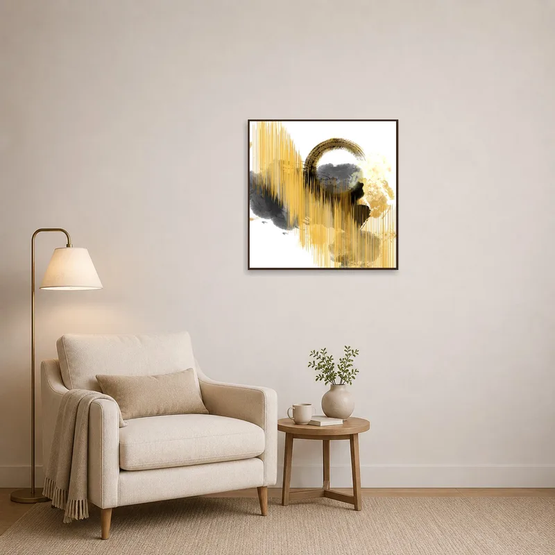 Reading corner adorned with abstract gold and gray circle art.