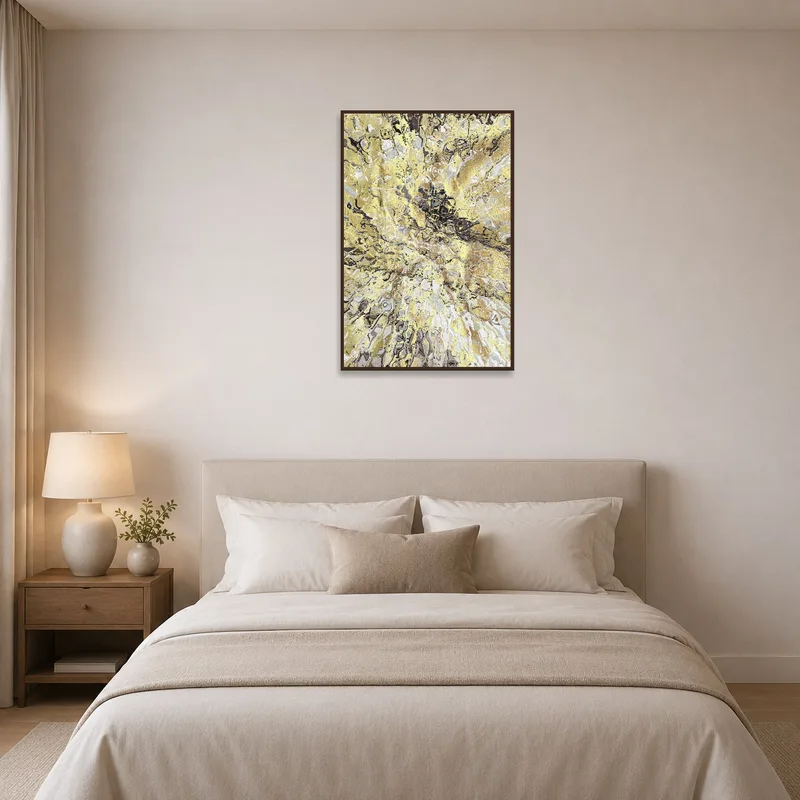 Gold and gray abstract piece brings warmth to a bedroom with neutral bedding tones.